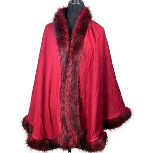 Terry Lewis Classic Luxuries Red Wool Cashmere Blend Faux Fur Trim Wrap Cape F